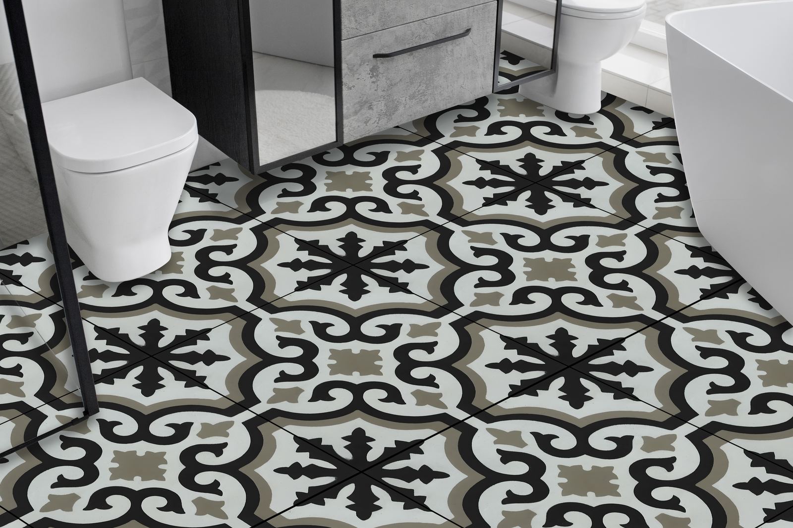 Intricate Pattern Black and White Floor Tiles / 24 pcs