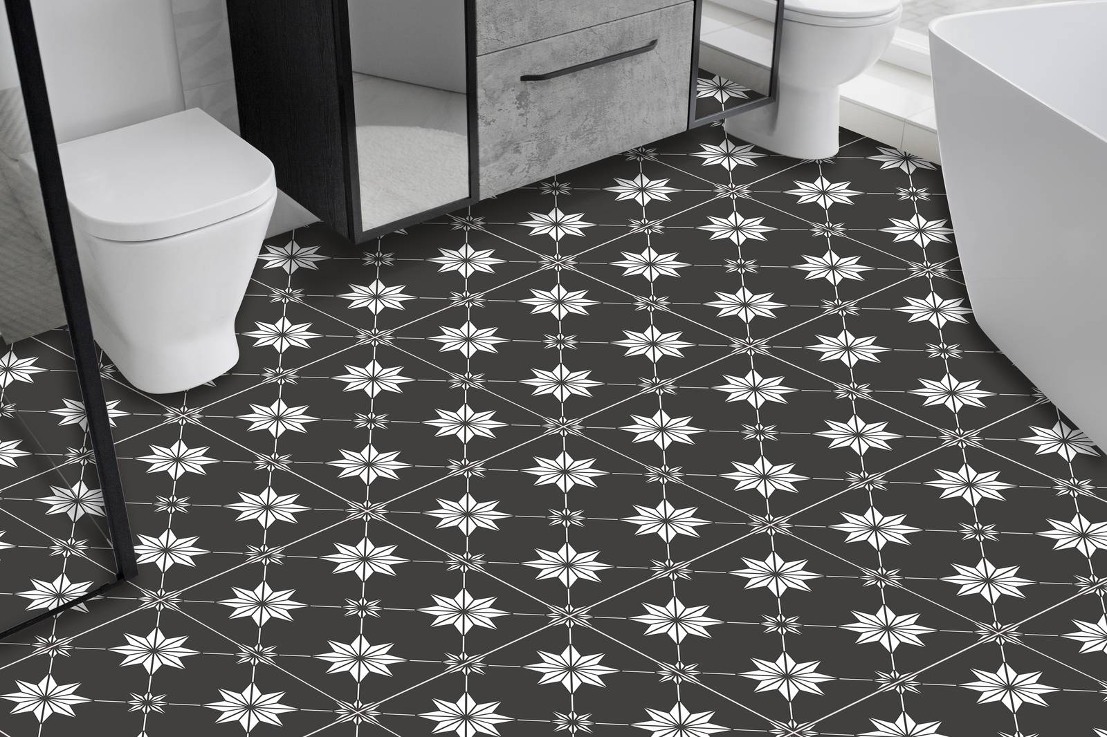 Black and White Star Pattern Floor Tiles / 24 pcs