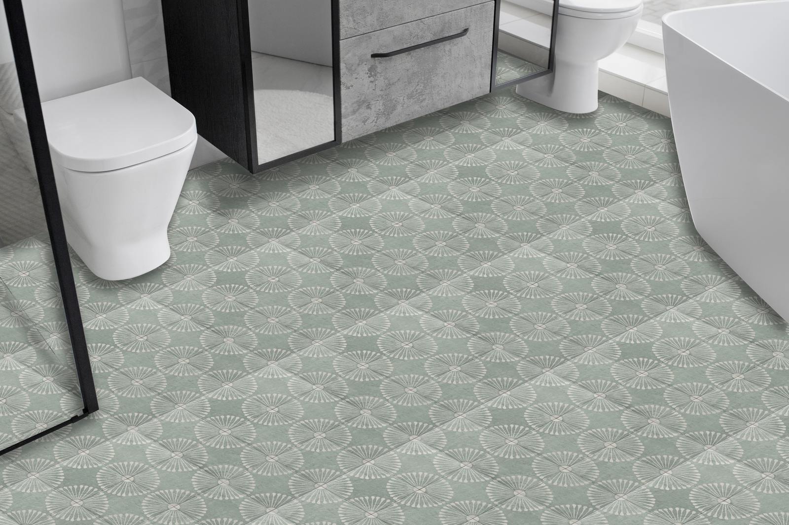 Green Circular Patterned Floor Tiles / 24 pcs