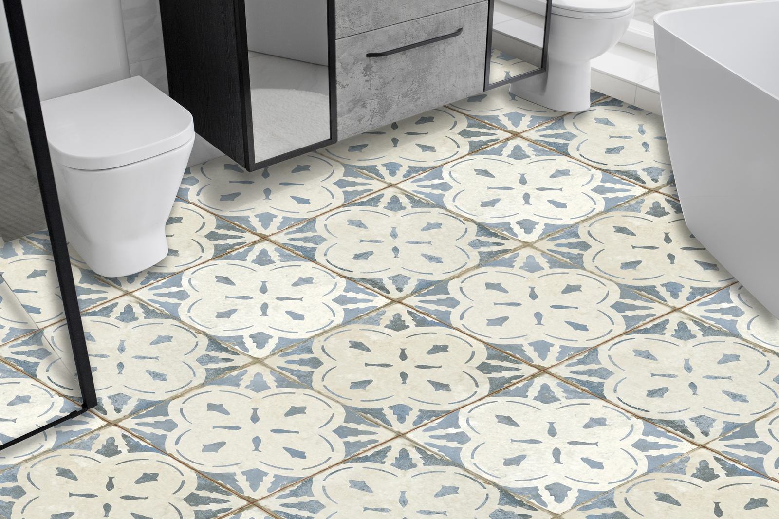 Blue and White Patterned Floor Tiles / 24 pcs