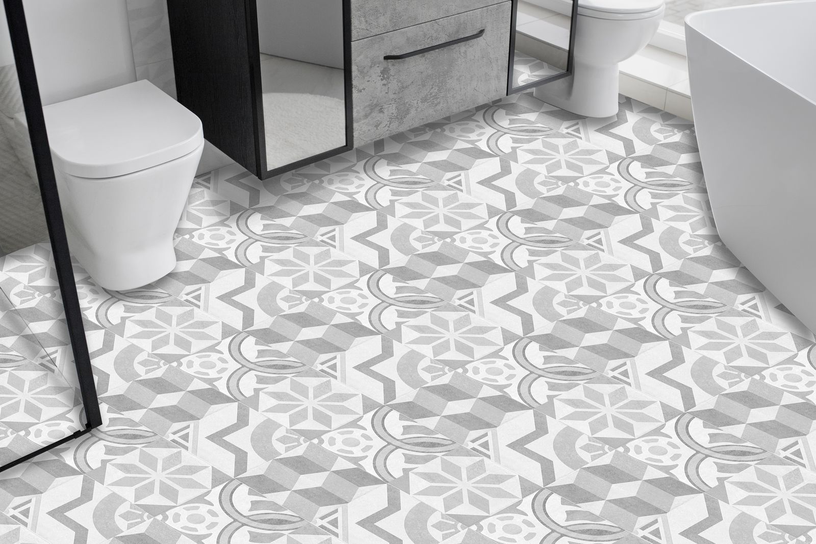 Geometric Patterned Grey Floor Tiles / 24 pcs