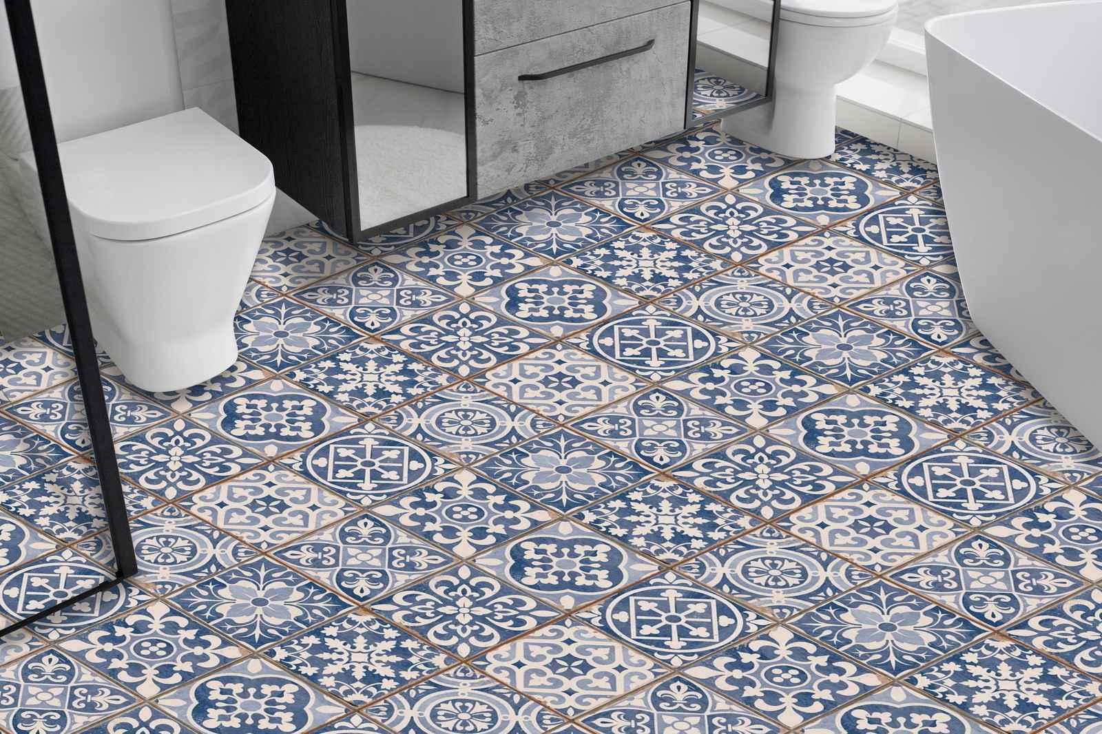 Vintage Blue Pattern Floor Tiles / 24 pcs