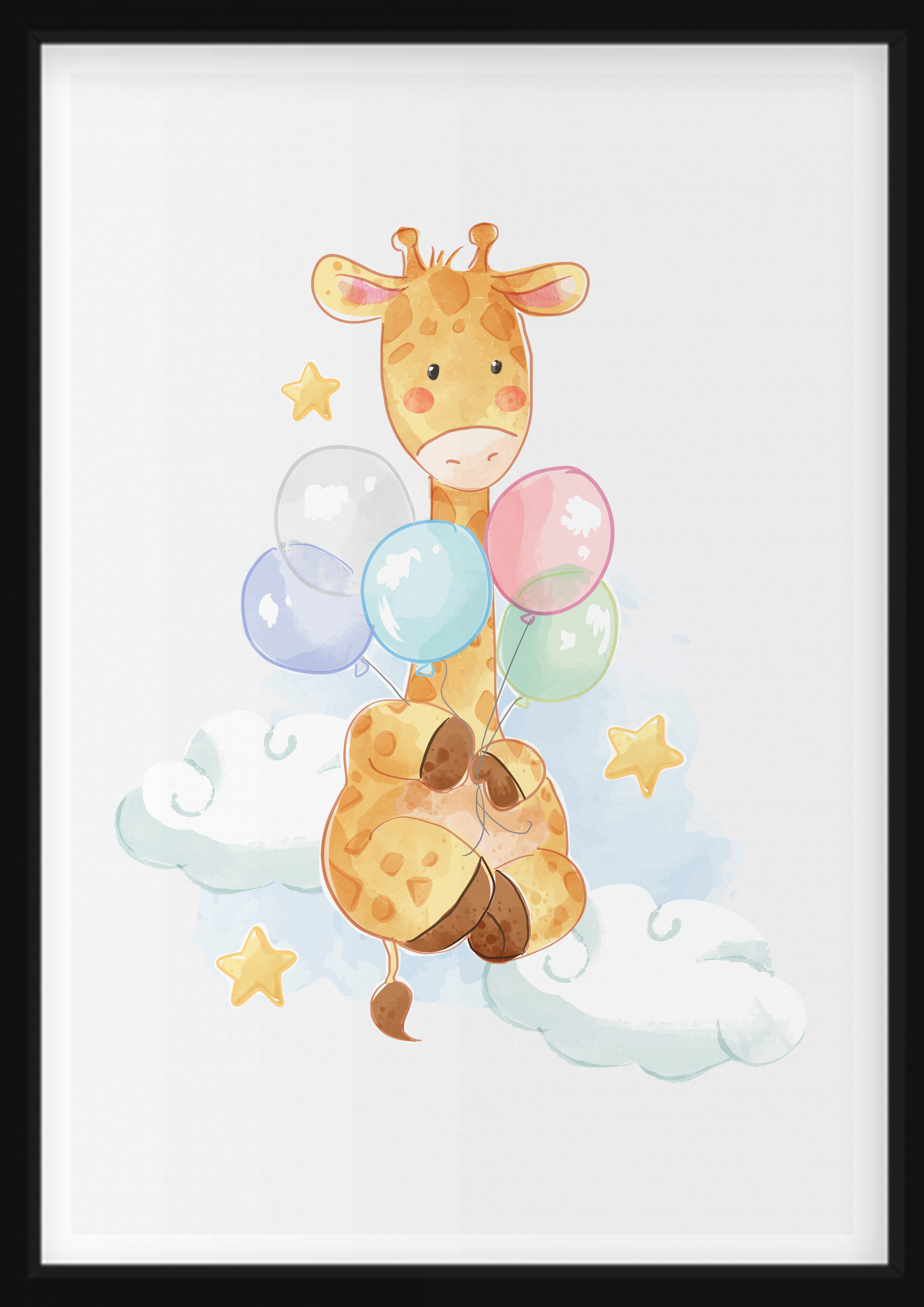Poster - Giraffe with Balloons in the Clouds