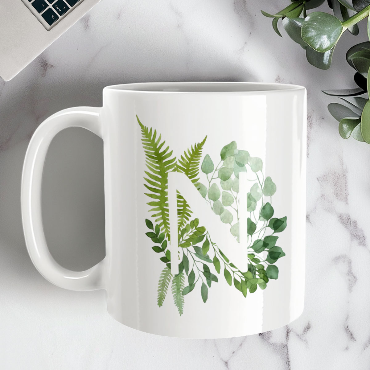 Personalised Mugs - Green Leaf Initial