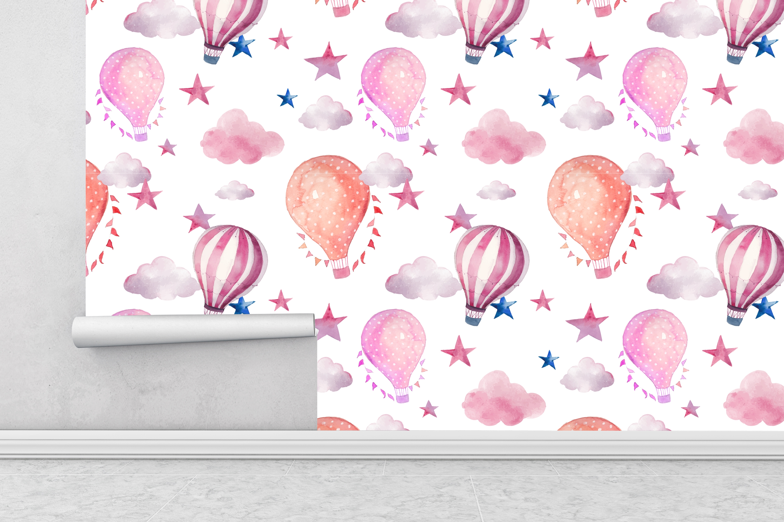 Wallpaper - Self-Adhesive / Hot Air Balloons, Stars and Clouds /  Peel and Stick