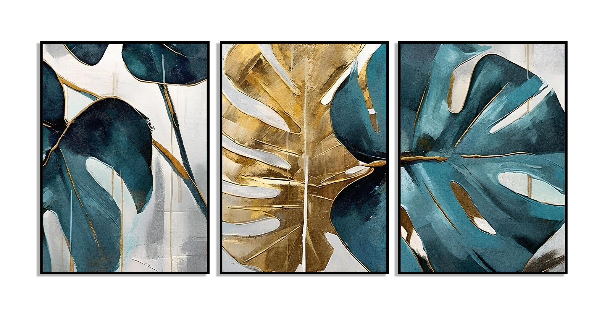 Posters -  Golden and Teal blue Monstera leaf / Set of 3