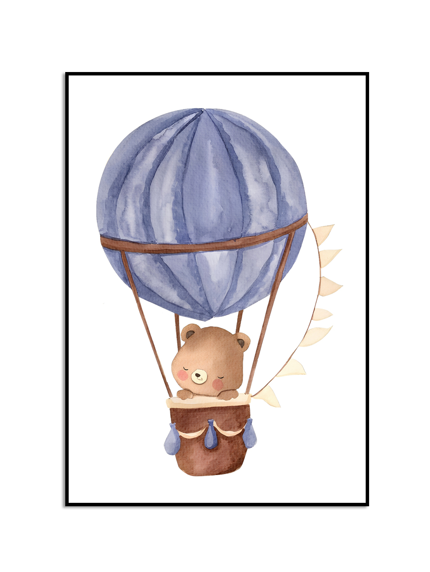 Poster - Bear in a Blue Hot Air Balloon