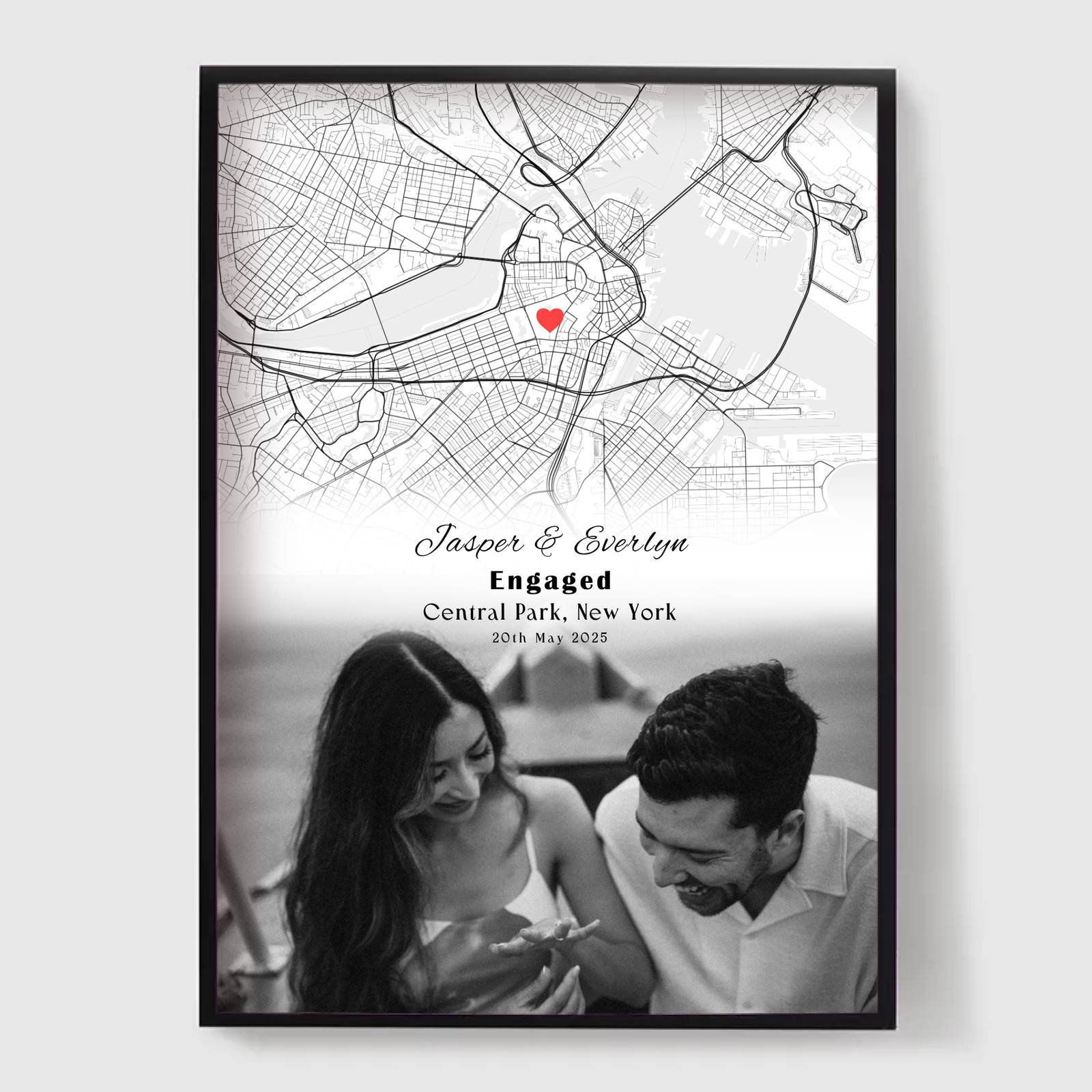 Personalised Poster - Black and White Engagement Photo and Map