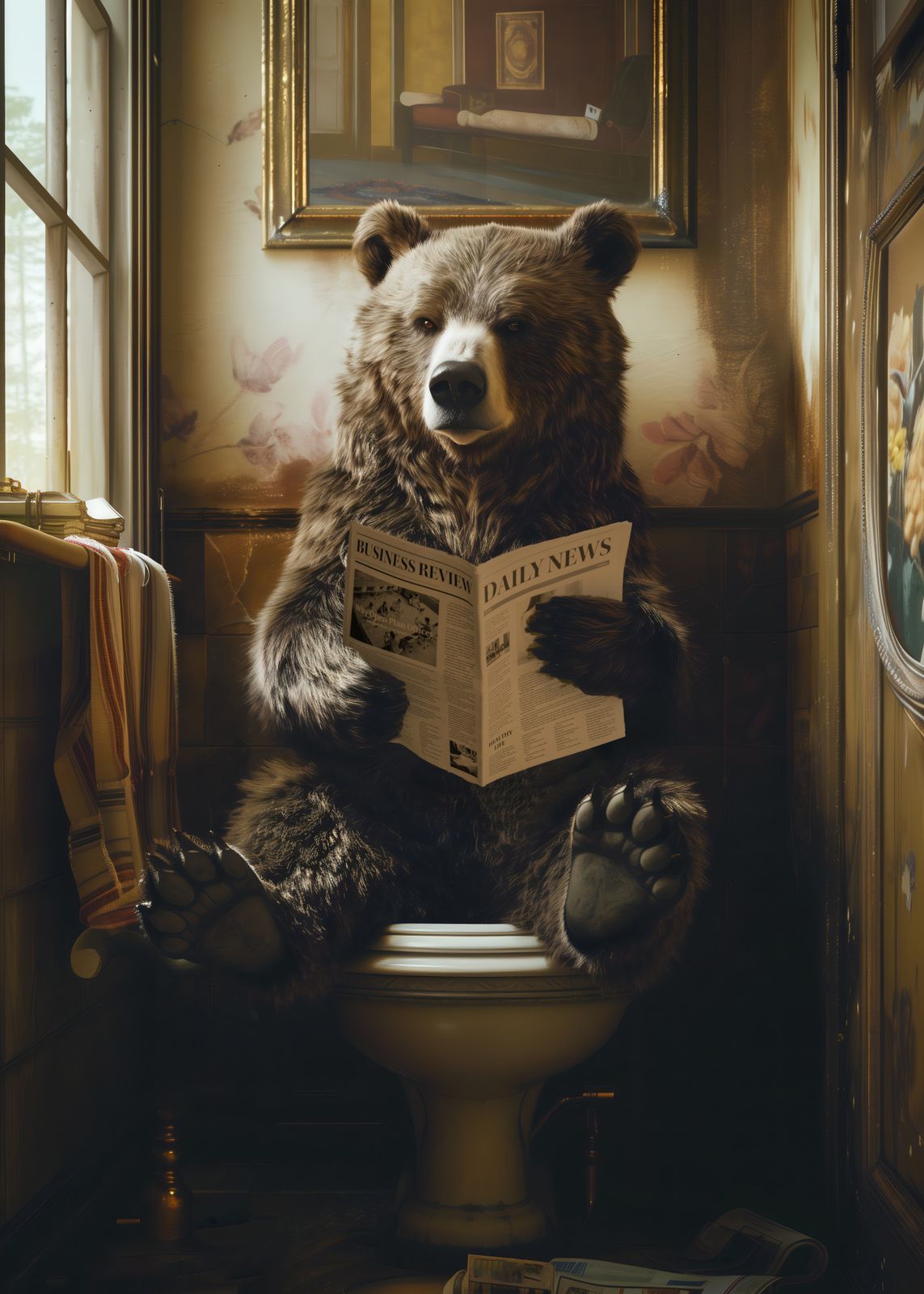 Poster - Bear Reading in Bathroom