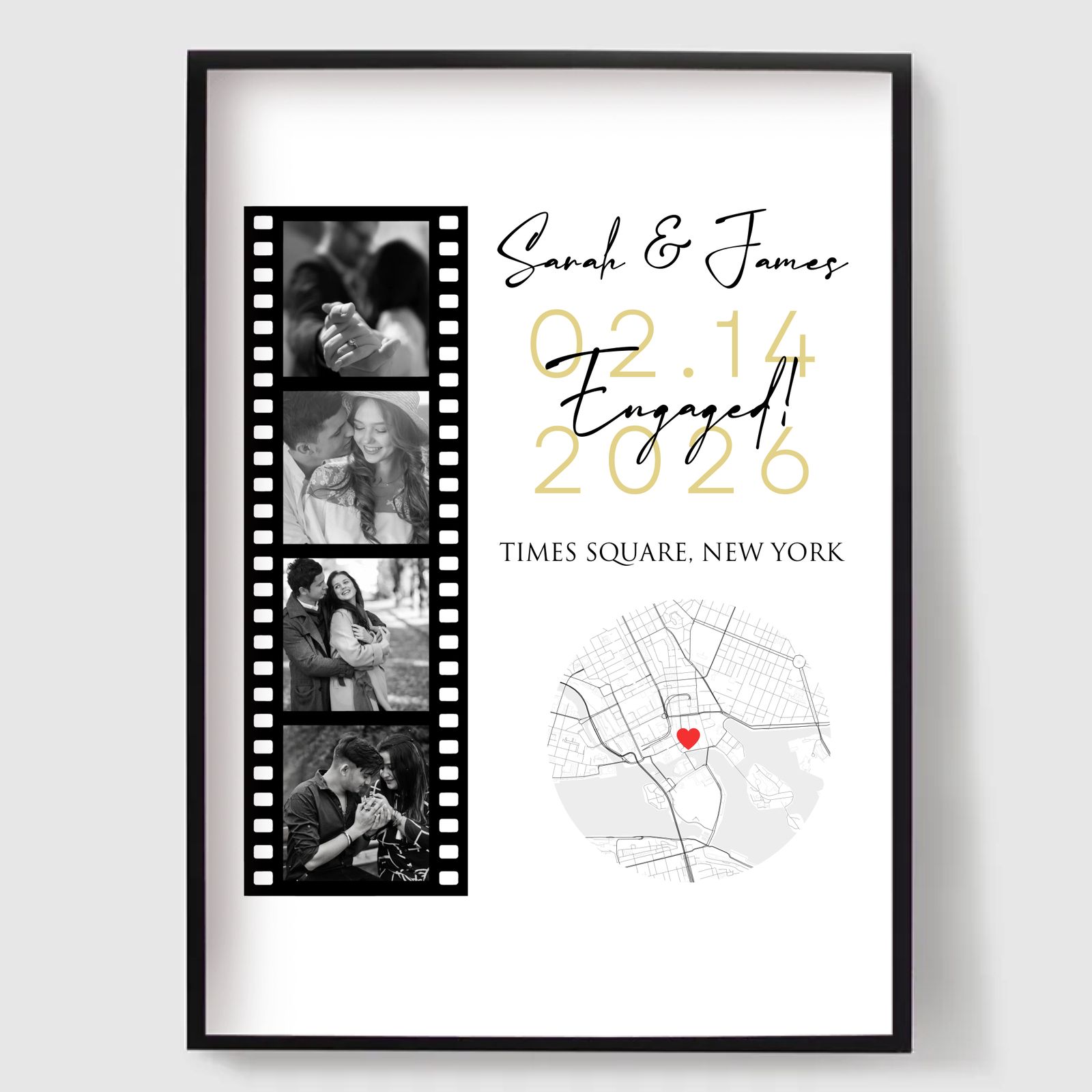 Personalised Poster - Film Strip Engagement Photo with Map
