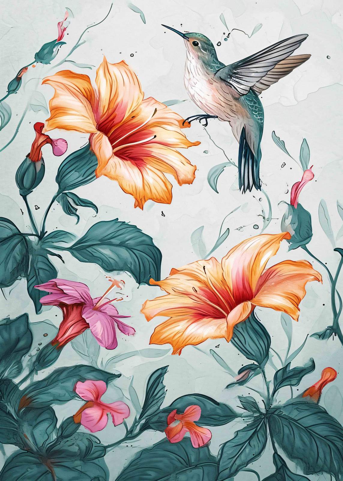 Poster - Hummingbird and Flowers