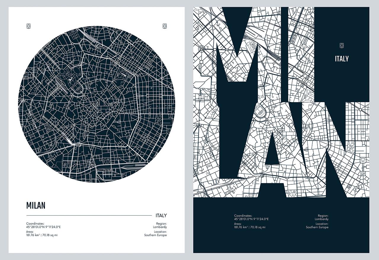 Poster - Milan City Map / Set of 2