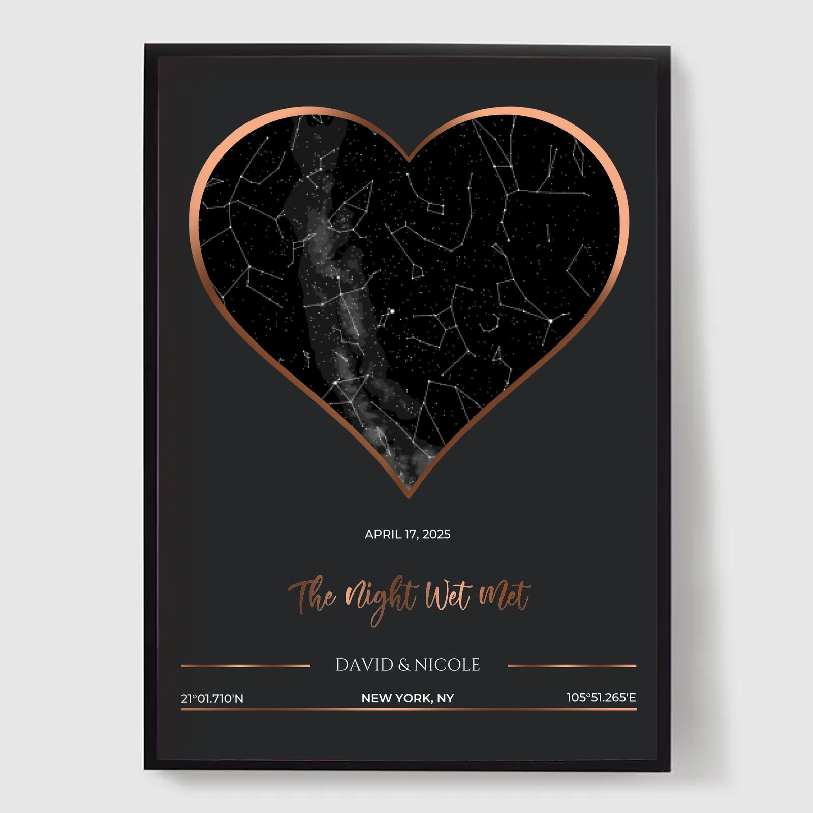 Personalised Poster - Heart Shaped Star Map  Black/Rose Gold Theme