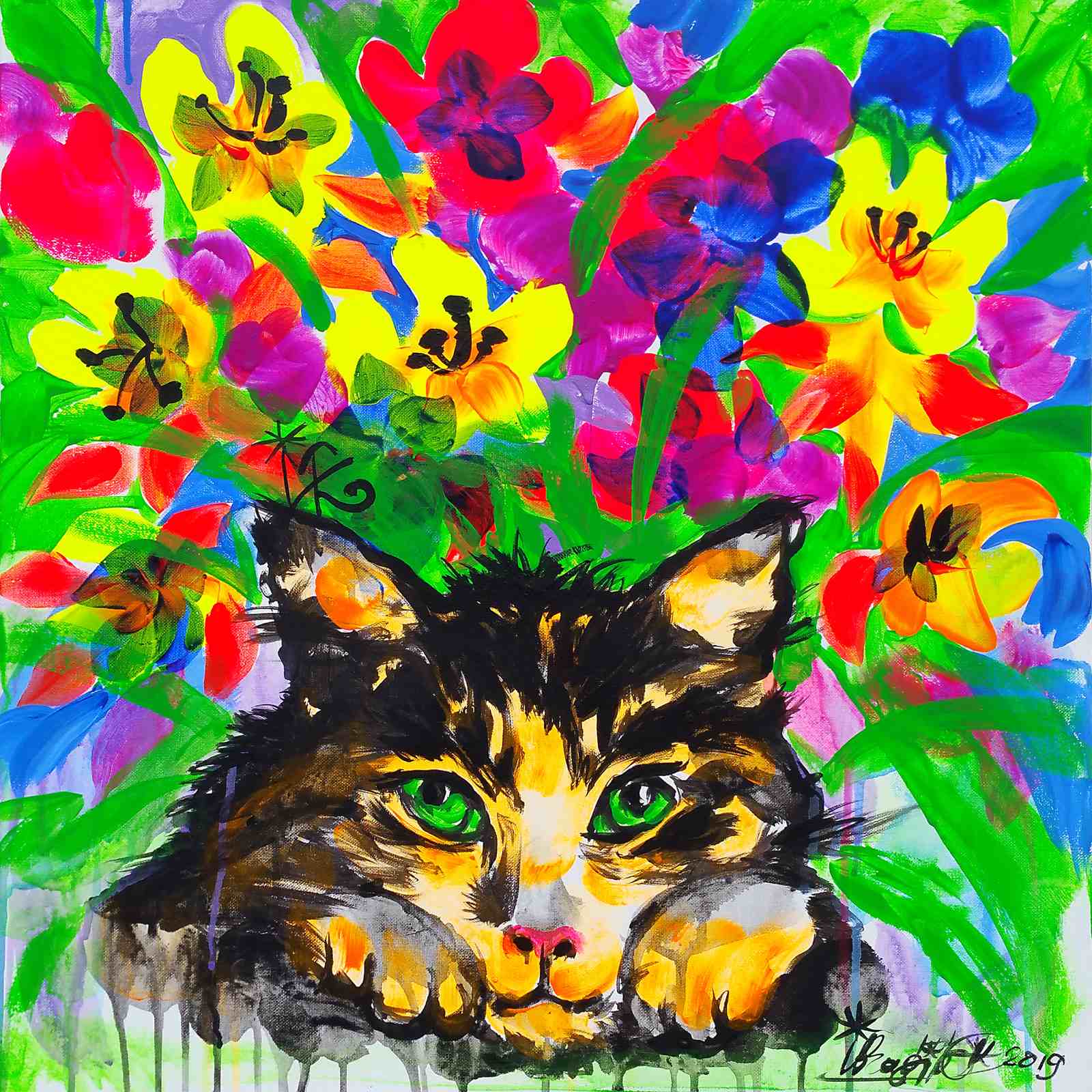 Poster - Cat Among Vibrant Flowers