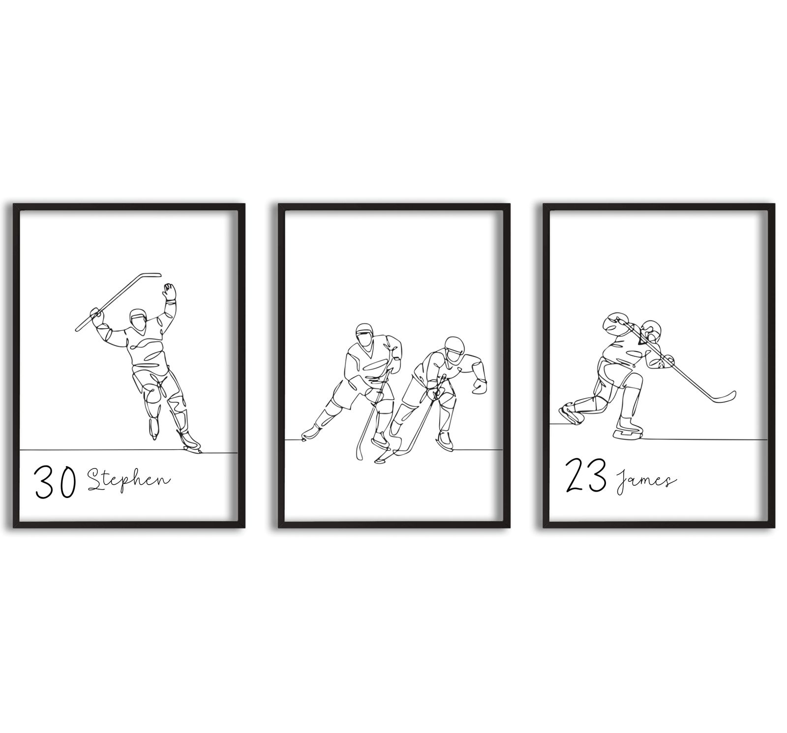 Personalised Poster - Hockey Line Art with Name & Number - Set of 3