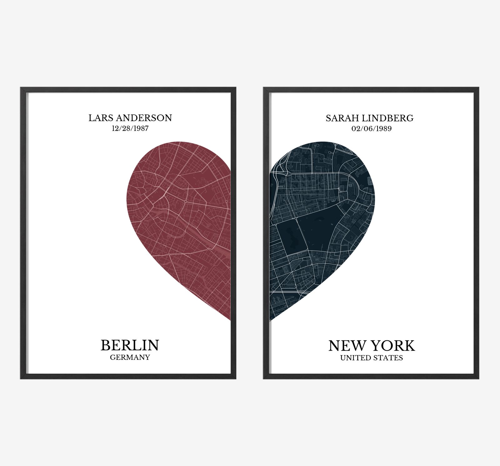 Personalised Posters - 2 Piece Heart Map - Set of 2