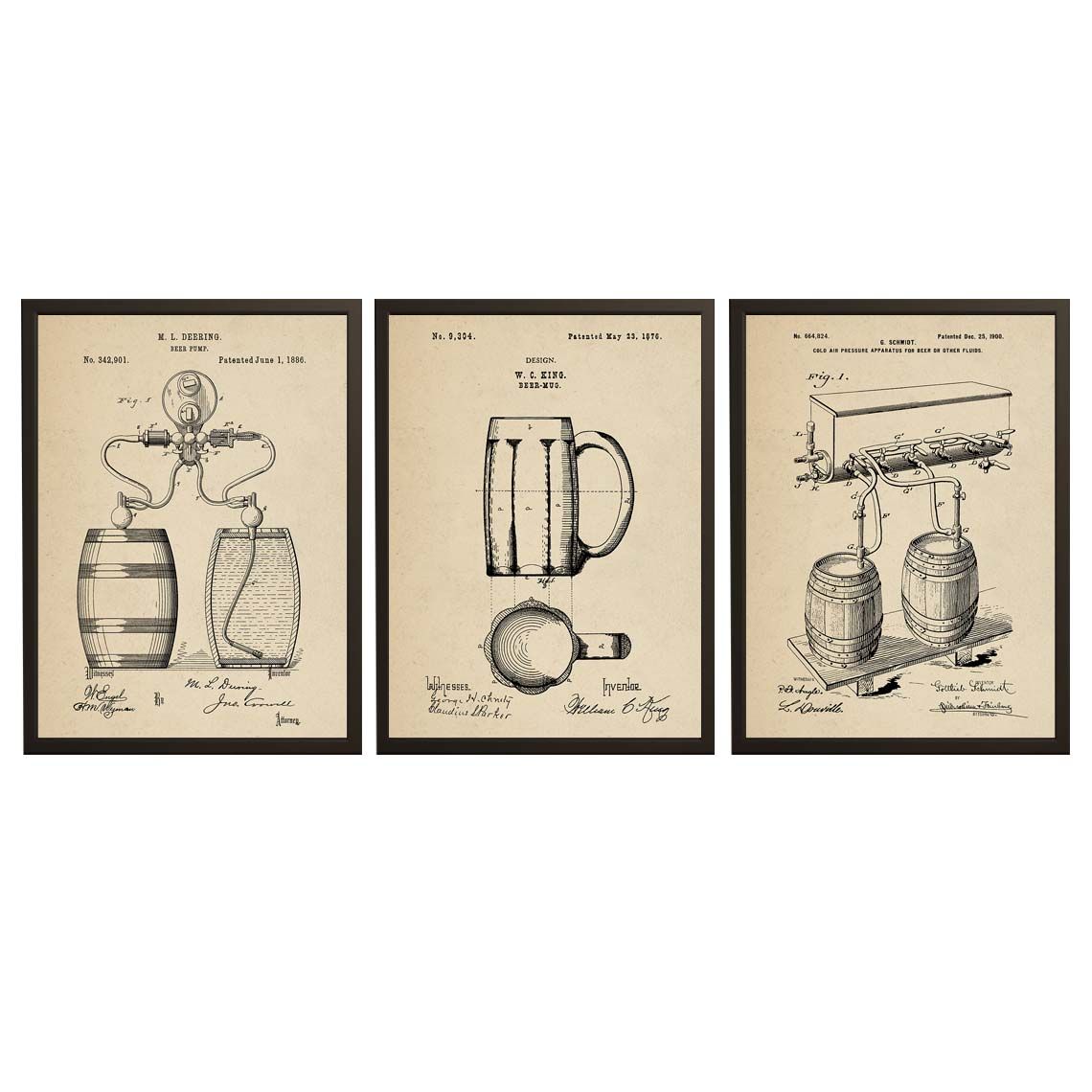 Patent Drawing Poster - Beer Mug and Pump Set of 3