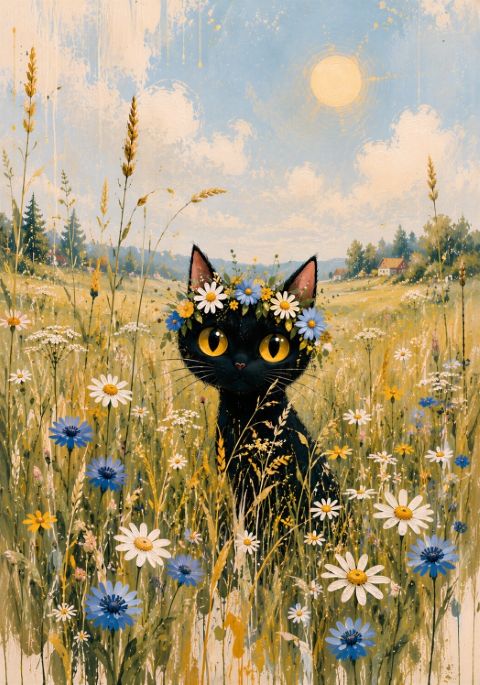 Poster - Black Cat in Meadow