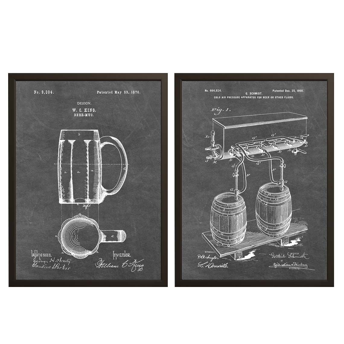 Patent Drawing Poster - Beer Mugs and Barrels / Set of 2