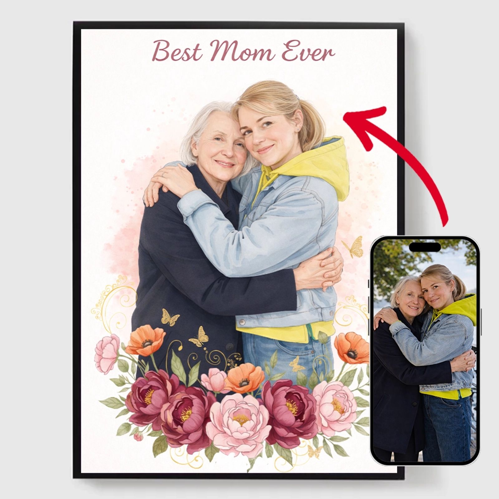 Personalised Poster – Floral Mother and Daughter Portrait – AI Poster