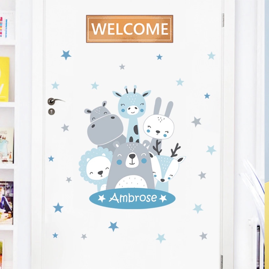 Wallsticker - Animals and Stars / Personalise Text / Blue