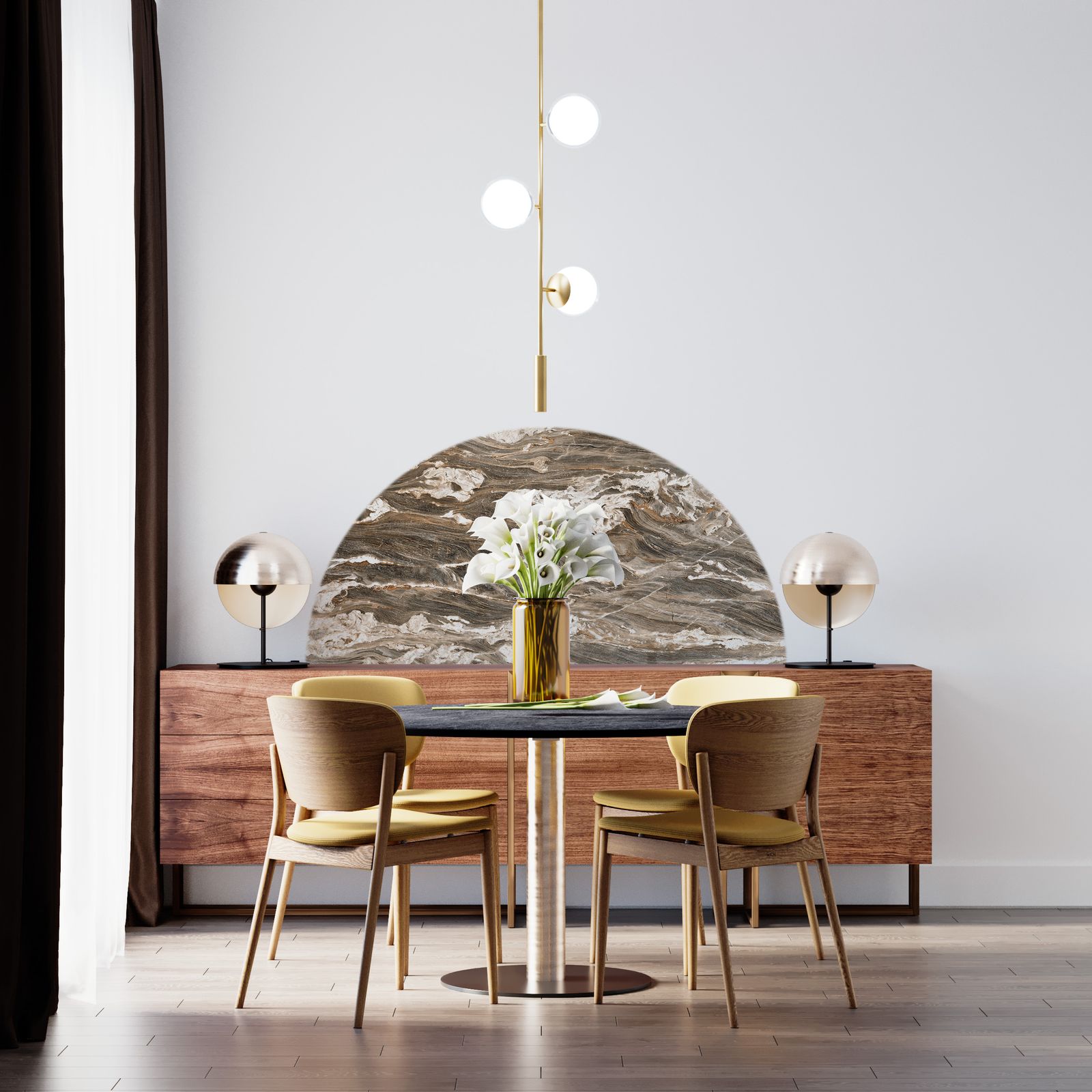 Wall Sticker / Half-circle - Brown Marble Design