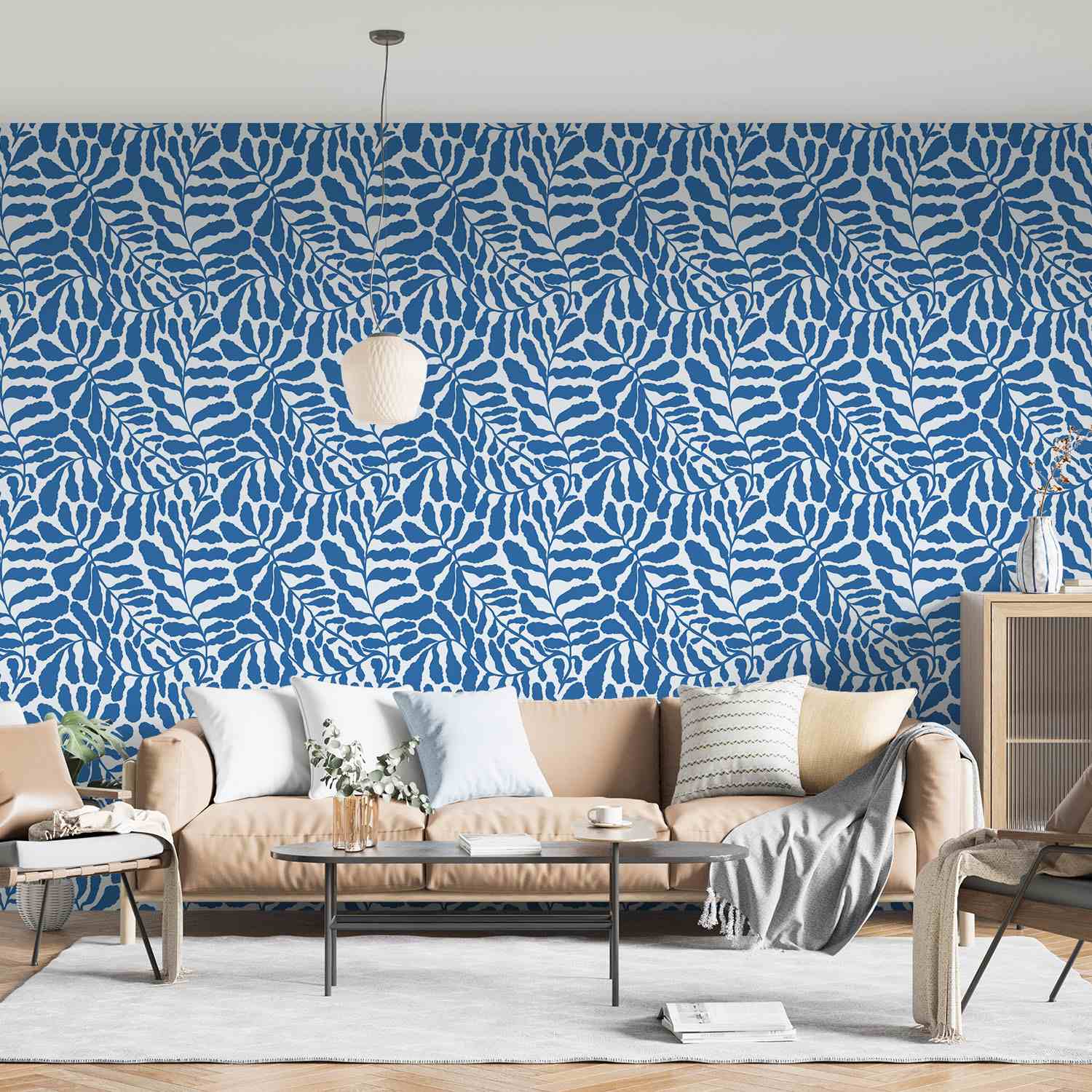 Wallpaper - Blue Botanical Leaf Pattern